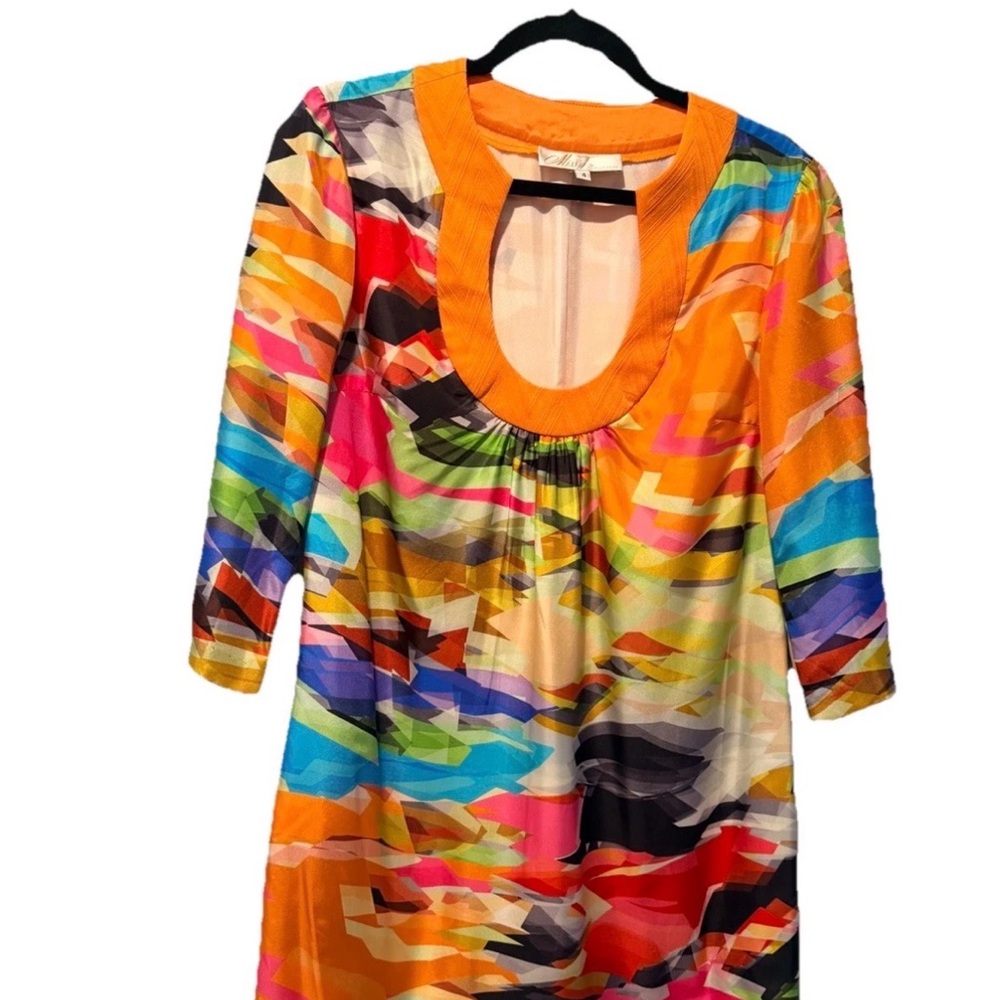 Trina Turk Silk Multicolor Abstract Print Mini Dress with Orange Trim